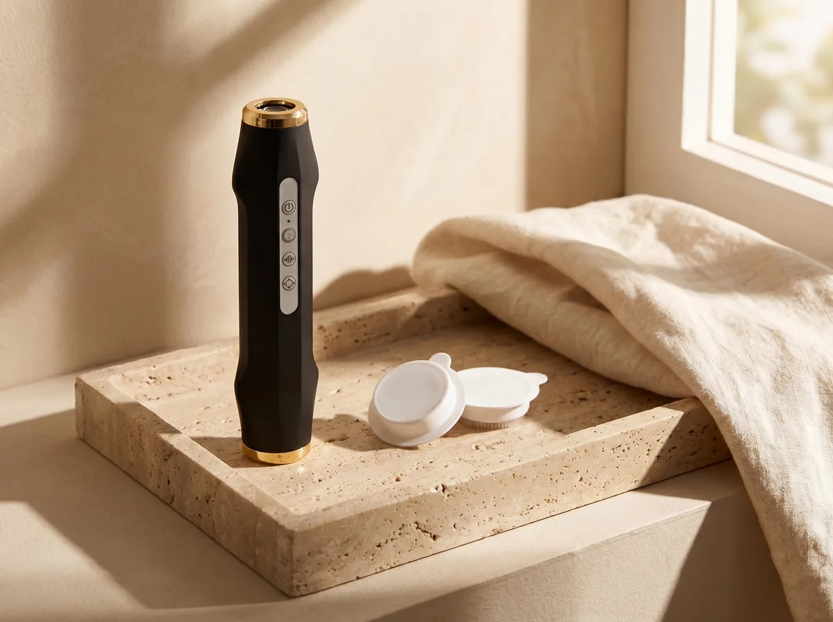 SkinFusion device and pods on a bathroom tray